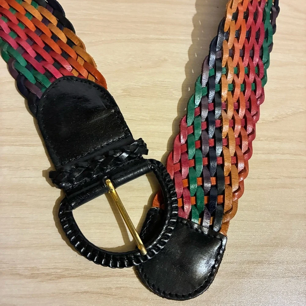 Vintage Braided Leather Sunbelt Belt Multicolor Wide Weaved Boho Small/Medium